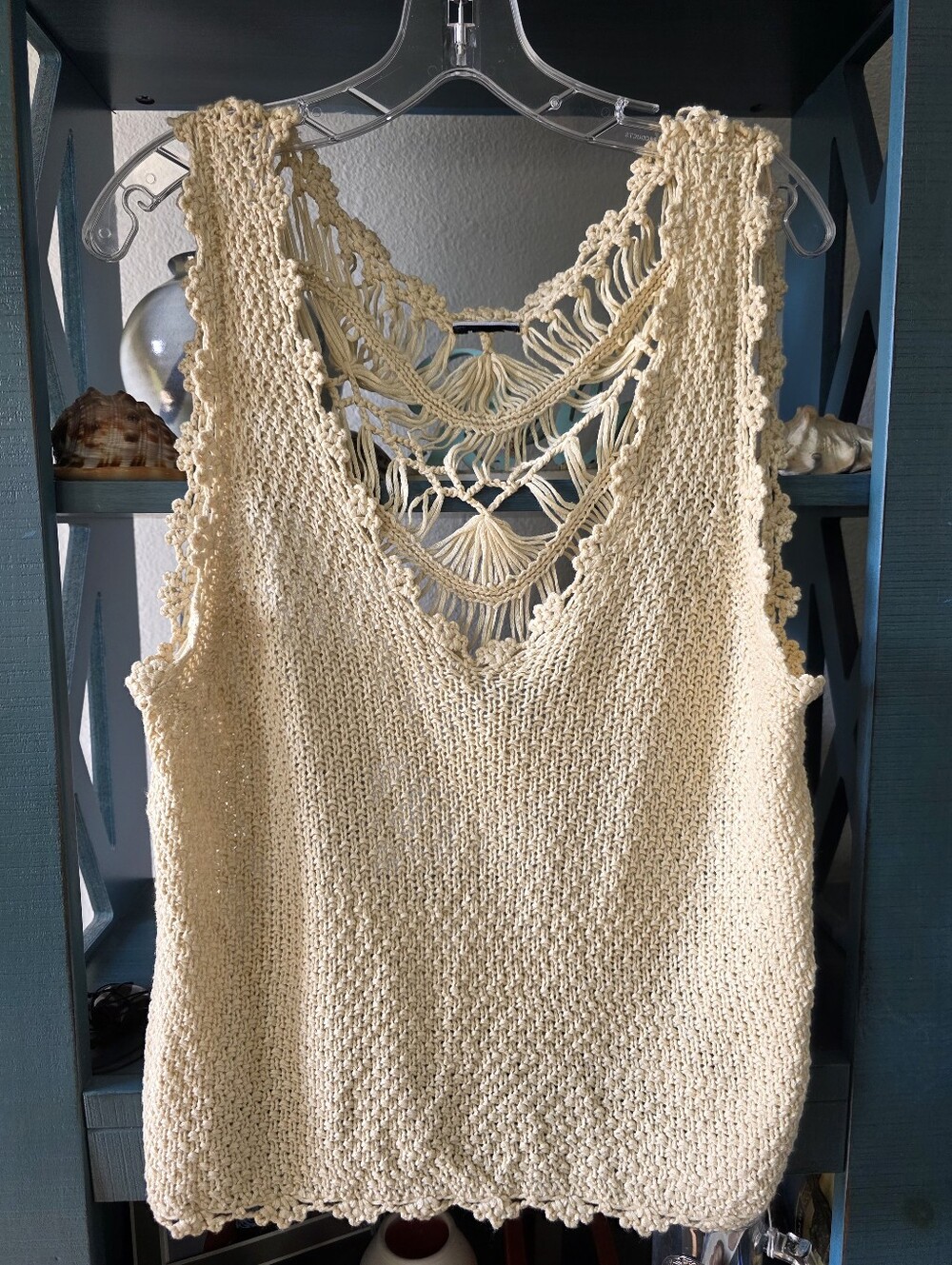 Cream Color Crochet Tank Top With Macrame Back
